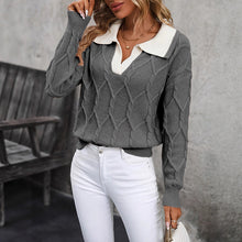 Load image into Gallery viewer, 🧶 Women’s Lapel V-Neck Color-Block Long-Sleeve Pullover Sweater