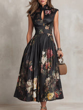 Load image into Gallery viewer, Black Digital Floral Print High-Waist Maxi Dress – Sleeveless Irregular Hem Long Dress