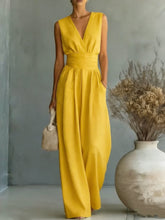Load image into Gallery viewer, Women's Elegant V-Neck Sleeveless Jumpsuit – Waist-Cinching Straight Leg