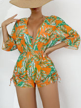 Load image into Gallery viewer, Island Bloom 3-Piece Bikini Set for Women – Tropical Leaf Print Fluttering Swimwear with Flattering Halter Neck Top High Waist Bottoms & Adjustable Drawstring Cover Up – Perfect for Koningsdag Celebrations & Summer Adventures