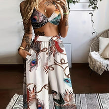 Load image into Gallery viewer, Women's Feather Print Crop Top & Pants Set – 2-Piece Vacation Outfit