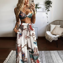 Load image into Gallery viewer, Women's Feather Print Crop Top & Pants Set – 2-Piece Vacation Outfit