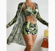 Load image into Gallery viewer, Mesh Cover-Up Three-Piece Swimwear Set – Bikini with Leg-Length Briefs
