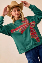 Load image into Gallery viewer, BiBi Plaid Ribbon Bow Detail Christmas Fleece Pullover