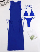 Load image into Gallery viewer, Women's Solid Color Three-Piece Bikini Set with Maxi Dress Cover-Up