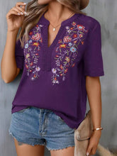 Load image into Gallery viewer, Women's Floral Embroidered Notched V-Neck T-Shirt – Short Sleeve Boho Lace Trim Top