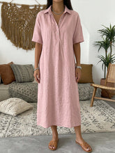 Load image into Gallery viewer, Women's Linen Blend Short Sleeve Polo Neck Maxi Dress