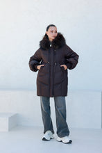 Load image into Gallery viewer, Celeste Genuine Fur Trim Down Fill Coat in Fig