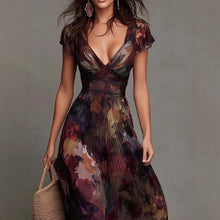 Load image into Gallery viewer, Women's Deep V-Neck Painted Print Chiffon Maxi Dress | Fitted Waist Flowy A-Line Dress