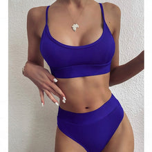 Load image into Gallery viewer, Women Bikini Sets Solid Color Ruffled Swimwear Bathing Suits 2 Piece Split Push Up Bandage Beachwear Women's Bikini Scoop Neck Straps Cutout Crop Top Lace Up Bottom Comfortable Two Piece Swimsuits
