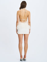 Load image into Gallery viewer, Quisten White Feathered Plunging Halter Mini Dress