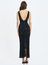 Load image into Gallery viewer, Olympia Black Belted Bow Plunging Rhinestone Maxi Dress
