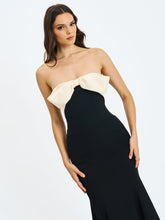 Load image into Gallery viewer, Saige Black Mermaid Midi Dress with Ivory Bow Bustline