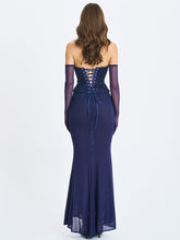 Load image into Gallery viewer, Orabelle Navy Beaded Peplum Mermaid Maxi Gown with Lace-up Back