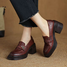 Load image into Gallery viewer, Women’s Vintage Chunky Heel Leather Shoes – Retro Style