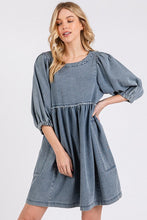Load image into Gallery viewer, Washed Round Neck Puff Sleeve Denim Dress – Casual, Vintage-Inspired, Comfortable & Chic, Effortlessly Stylish, Classic Denim Dress