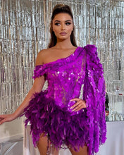 Load image into Gallery viewer, Purple Sequined Feather Skirt One-shoulder Sleeve Short Dress Luxury Party Stage Performance Dress