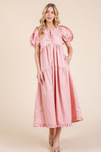 Load image into Gallery viewer, Ruffle Trim Puff Sleeve Tiered Babydoll Midi Dress – Fluttering, Sweet, Elegant, Feminine, and Trendy Babydoll Midi Dress with Ruffle Trim and Puff Sleeves