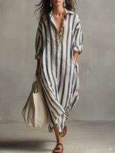 Load image into Gallery viewer, Striped Lapel Collar Dress – Side Slits & Pockets