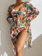 Load image into Gallery viewer, New Tropical Bloom 3-Piece Swimsuit Set – High Waist Floral Fluttering Bikini with Crew Neck Top Spaghetti Straps and Matching Long Sleeve Cover-Up – Stylish Stretchy Women’s Swimwear for Beach & Summer Escapes