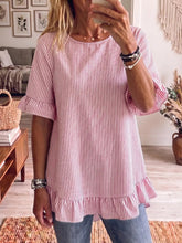 Load image into Gallery viewer, Women's Striped Ruffle-Sleeve Loose-Fit Blouse – Three-Quarter Sleeve