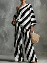 Load image into Gallery viewer, Women's Retro Striped Batwing Top & Wide-Leg Pants Set – Vintage 2-Piece