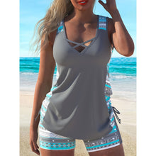 Load image into Gallery viewer, Plus Size Aztec Print Tankini Set – V-Neck Cross-Strap Top & Bike Shorts Two-Piece Swimsuit