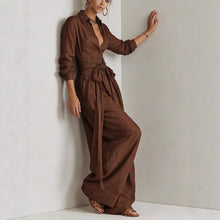 Load image into Gallery viewer, Women's Linen Long Sleeve Shirt & High-Waist Wide-Leg Pants Set with Tie Belt