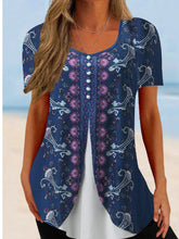 Load image into Gallery viewer, Women’s Printed Faux Two-Piece V-Neck Short Sleeve Top
