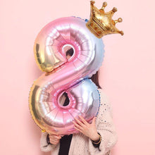 Load image into Gallery viewer, Luxury Gradient Modern 32inch Rainbow number Foil Balloons For Birthday party Decorations Kids Rose Ballons With Crown From 0-9 Numbers