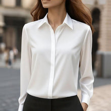 Load image into Gallery viewer, Loose Fit Satin Blouse — V-Neck Long Sleeve Tunic Top for Office & Casual Wear