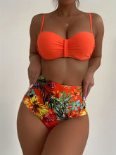 Load image into Gallery viewer, Bikini Tangerine Red Tropical Floral High Waist 2 Piece Swimsuit for Women – Stretchy Off the Shoulder Lace Up Bikini Set with Tummy Control and Customized Fit – Vibrant Summer Beachwear for Vacation Poolside and Resort Looks
