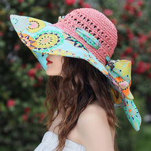 Load image into Gallery viewer, Women's Patterned Straw Beach Sun Hat – Round Crown UV Protection Summer Hat