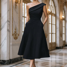 Load image into Gallery viewer, Women's Off-Shoulder Swing Dress – Solid Color Flowy Midi