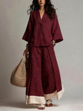 Load image into Gallery viewer, Women's Cotton-Linen V-Neck 3/4 Sleeve Shirt & Wide-Leg Pants Set