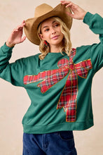 Load image into Gallery viewer, BiBi Plaid Ribbon Bow Detail Christmas Fleece Pullover