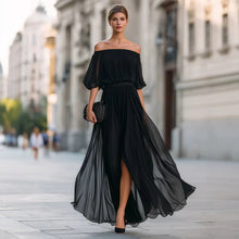 Load image into Gallery viewer, Women's One-Shoulder Ruffle Sleeve Chiffon Maxi Dress | Side Split High Waist Dress in 3 Colors
