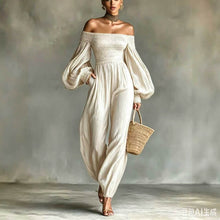 Load image into Gallery viewer, Women's Off-Shoulder Lantern Sleeve Pleated Loose Jumpsuit