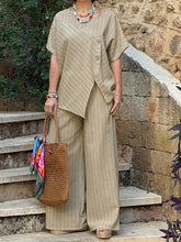 Load image into Gallery viewer, Striped Shirt & Loose Pants Set – Three-Quarter Sleeve Two-Piece