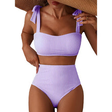 Load image into Gallery viewer, Tie-Shoulder Striped High-Waisted Bikini Set – Two-Piece Swimsuit for Women