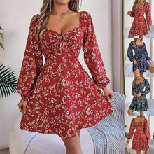 Load image into Gallery viewer, Mandotos Floral Print Lantern Sleeve Dress Red Tie Square Neck A Line Long Sleeve