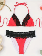 Load image into Gallery viewer, Riviera Glow Color Block Halter Bikini Set for Women – Deep V-Neck Lace Trim Two-Piece Flattering Swimsuit with Adjustable Tie Back & High-Cut Bottoms – Ultra-Stretch Polyamide Swimwear for Confident Summer Style
