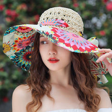 Load image into Gallery viewer, Women's Patterned Straw Beach Sun Hat – Round Crown UV Protection Summer Hat