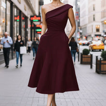 Load image into Gallery viewer, Women's Off-Shoulder Swing Dress – Solid Color Flowy Midi