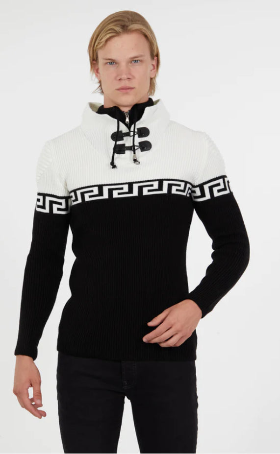 Suslo Couture Men's Black & White Pullover Sweater | Meander Print