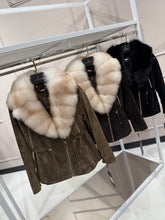 Load image into Gallery viewer, Vivienne Genuine Suede Polar Fox Trim Coat in Olive