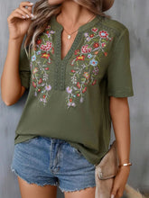 Load image into Gallery viewer, Women's Floral Embroidered Notched V-Neck T-Shirt – Short Sleeve Boho Lace Trim Top