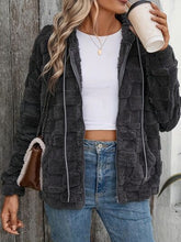 Load image into Gallery viewer, Dark Gray Women Checkered Pattern Jacket Comfy Textured Zip-Up Drawstring Fuzzy Jacket