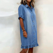 Load image into Gallery viewer, Women's Faux Denim Ruffle-Sleeve Shirt Dress
