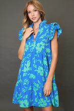 Load image into Gallery viewer, Blue Full Size Two-Tone Floral Print Ruffle Cap Sleeve Mini Dress Plus Size Elegant Dress